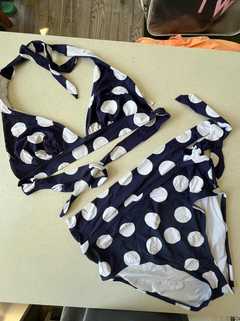 La Vie en Rose Aqua Navy & White Polka Dot Two-Piece Bikini - size L